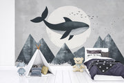 Polar Dream: Flying Whale Art with Mountains and Full Moon in Nordic Style