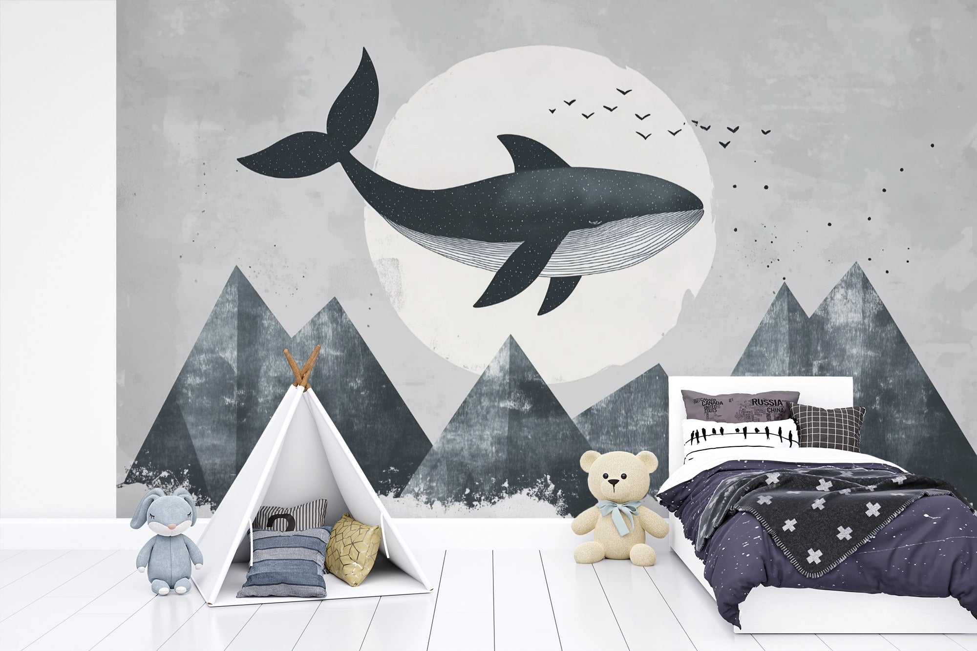 Polar Dream: Flying Whale Art with Mountains and Full Moon in Nordic Style