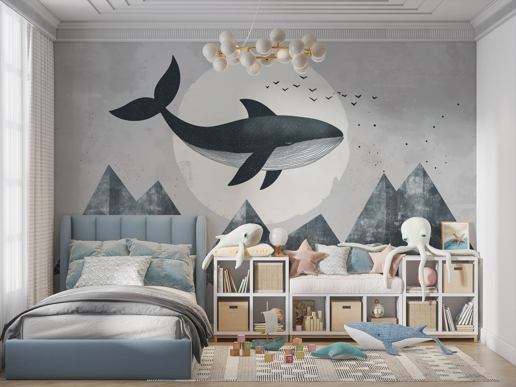 Polar Dream: Flying Whale Art with Mountains and Full Moon in Nordic Style