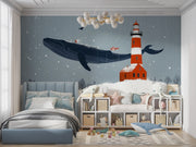 Floating Whale and Red Lighthouse in a Dreamy Snowy Scene