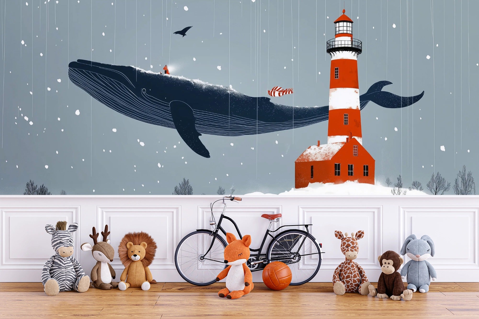 Floating Whale and Red Lighthouse in a Dreamy Snowy Scene