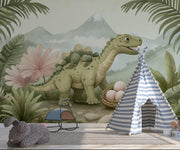 Soft Jurassic Scene: Dino with Eggs among Tropical Leaves and Mountains