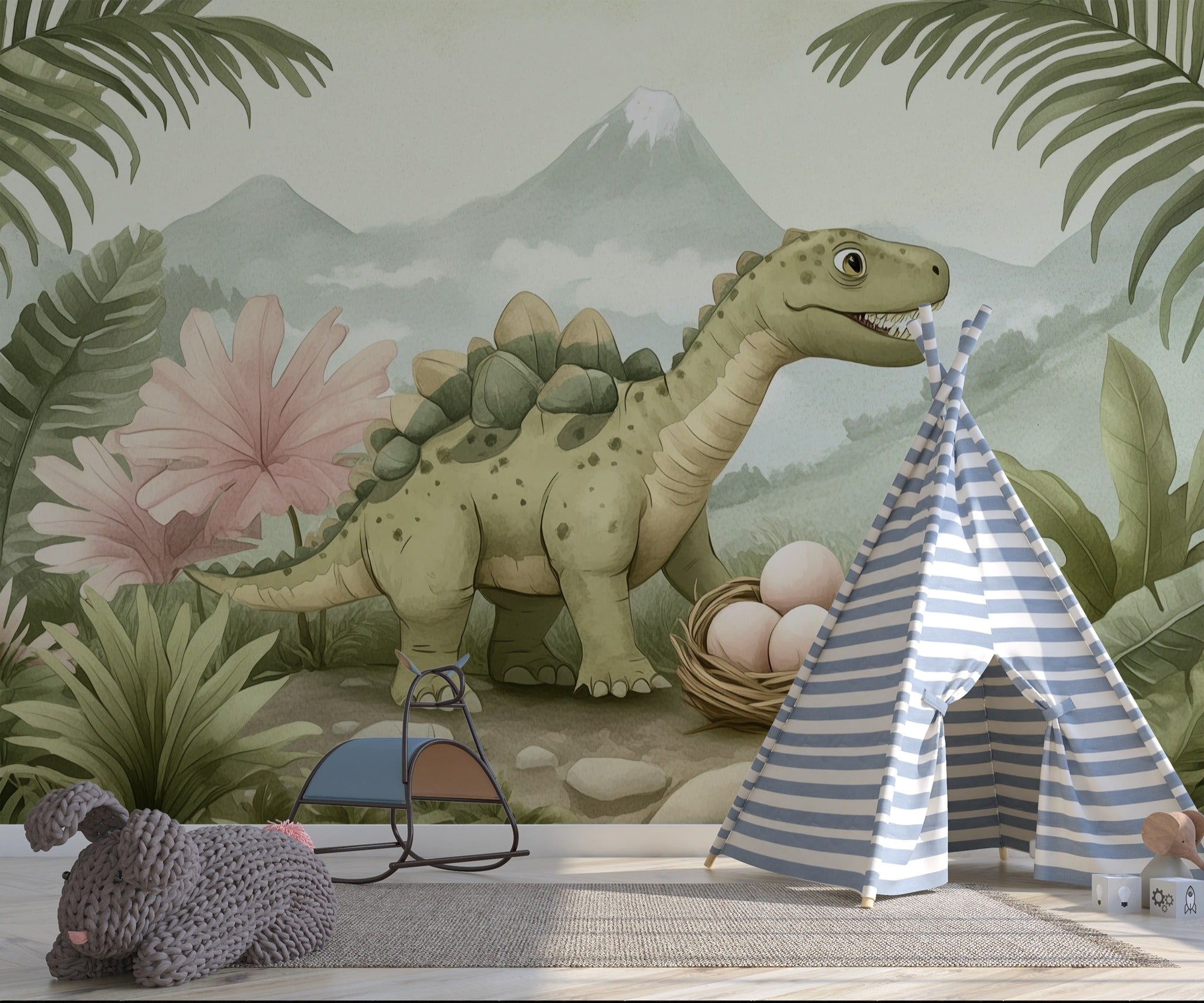 Soft Jurassic Scene: Dino with Eggs among Tropical Leaves and Mountains