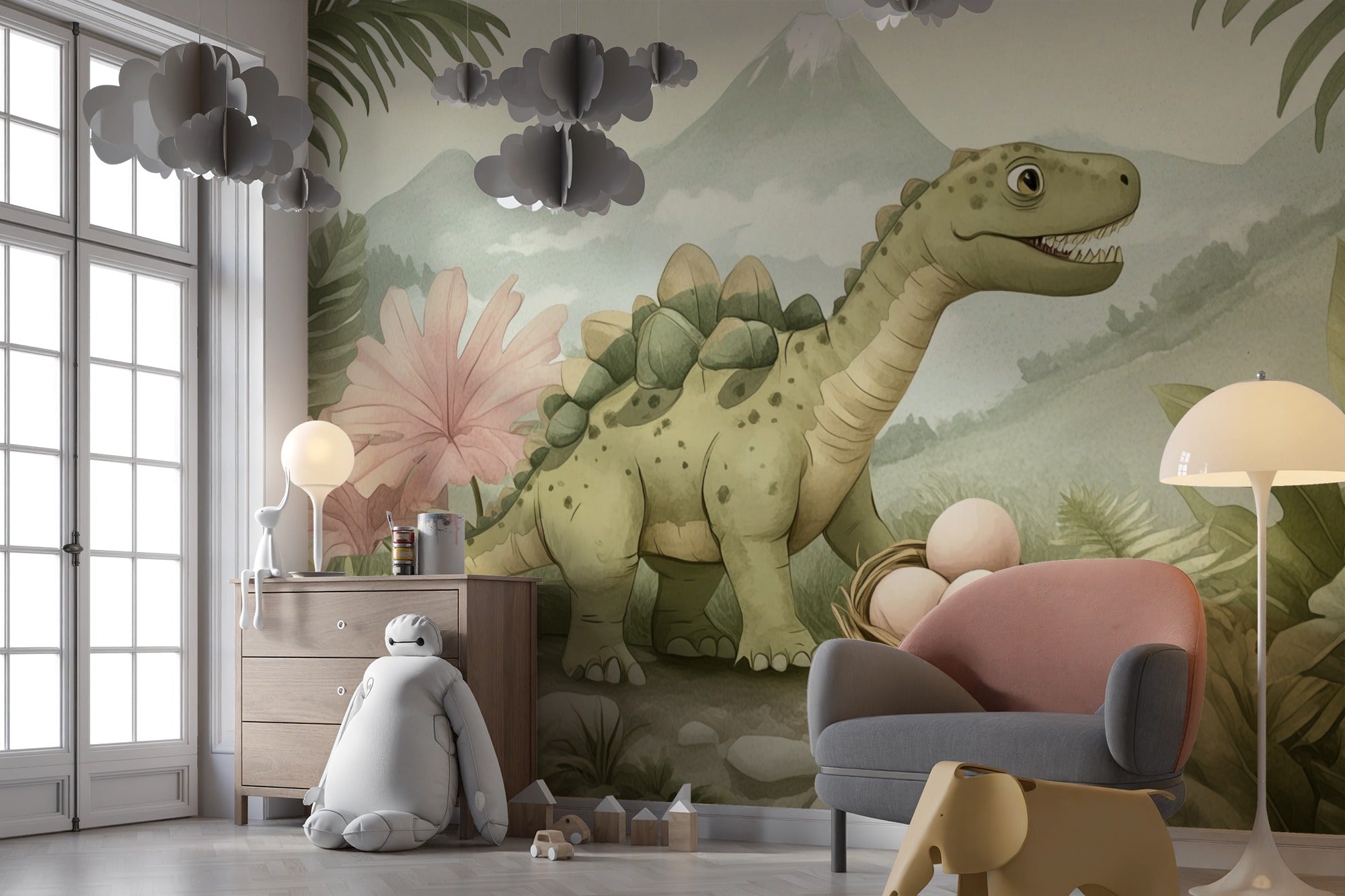 Soft Jurassic Scene: Dino with Eggs among Tropical Leaves and Mountains