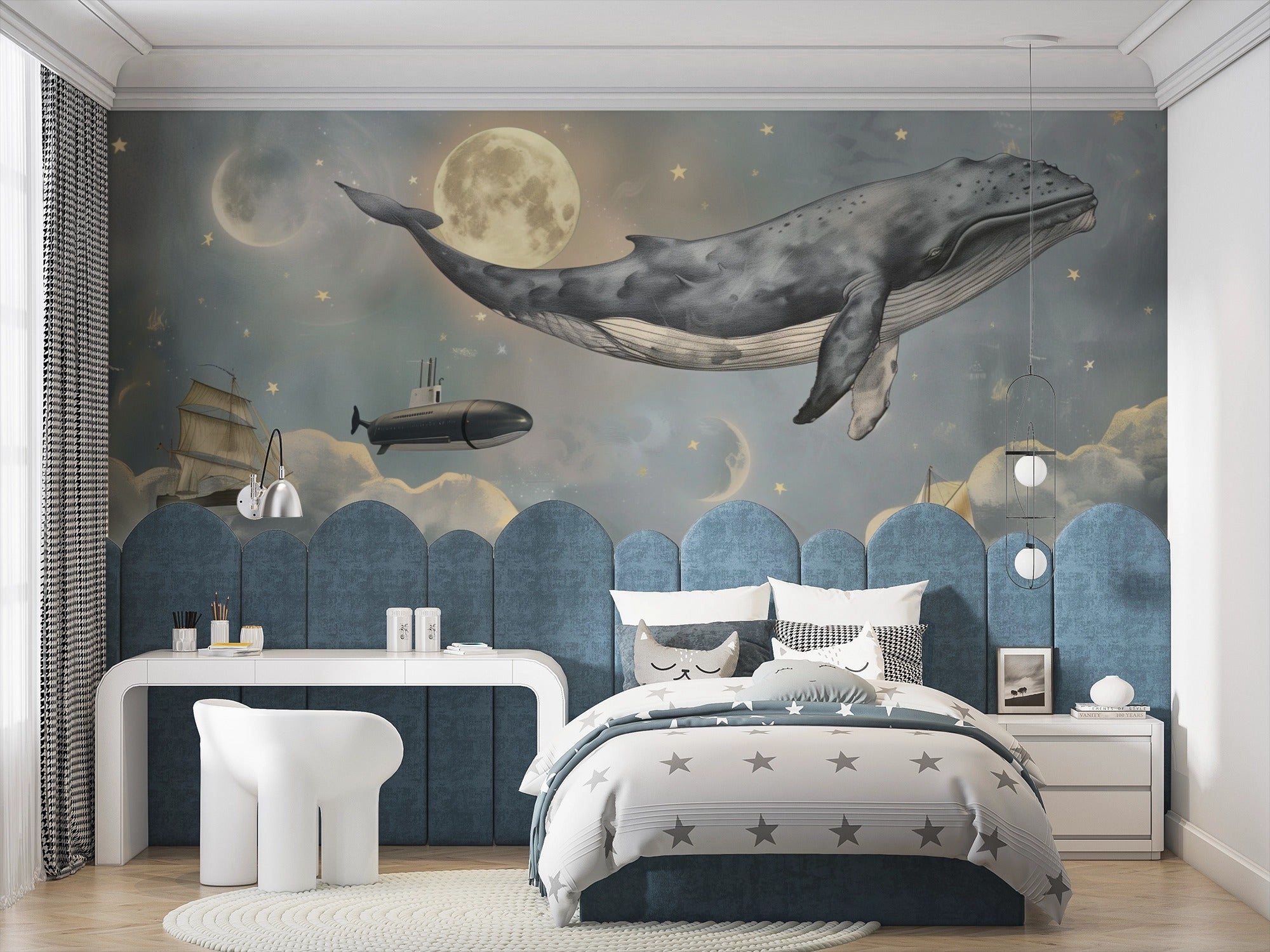Magical Illustration with Whale, Ships & Moon: A Celestial Dream Journey