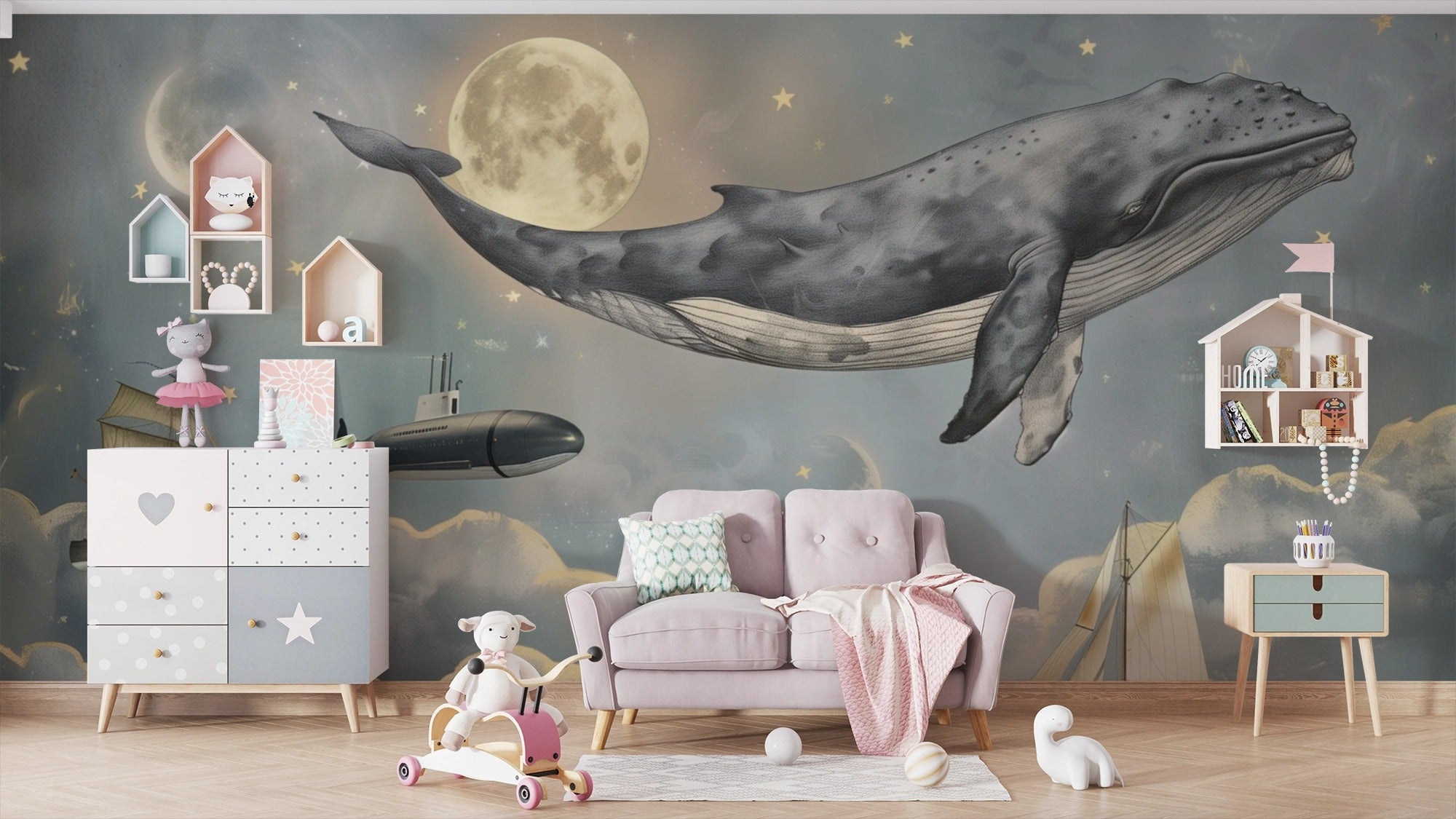 Magical Illustration with Whale, Ships & Moon: A Celestial Dream Journey