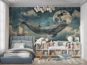 Embroidered Celestial Whale: Dreamy Night Scene with Full Moon and Sailing Ships