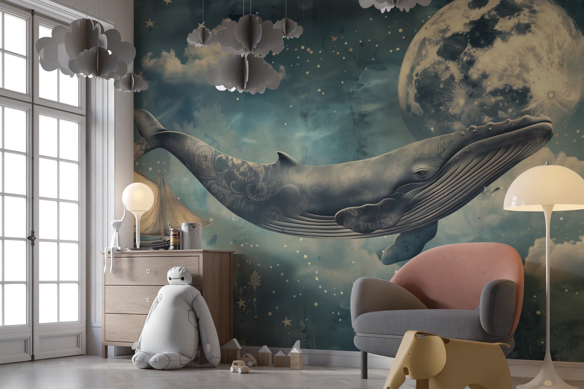 Embroidered Celestial Whale: Dreamy Night Scene with Full Moon and Sailing Ships