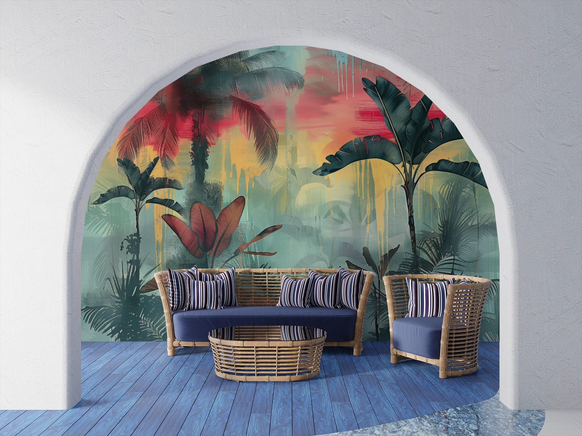 Neo-Tropical Jungle Art: Vibrant Palette with Drip Effect and Subtle Graffiti