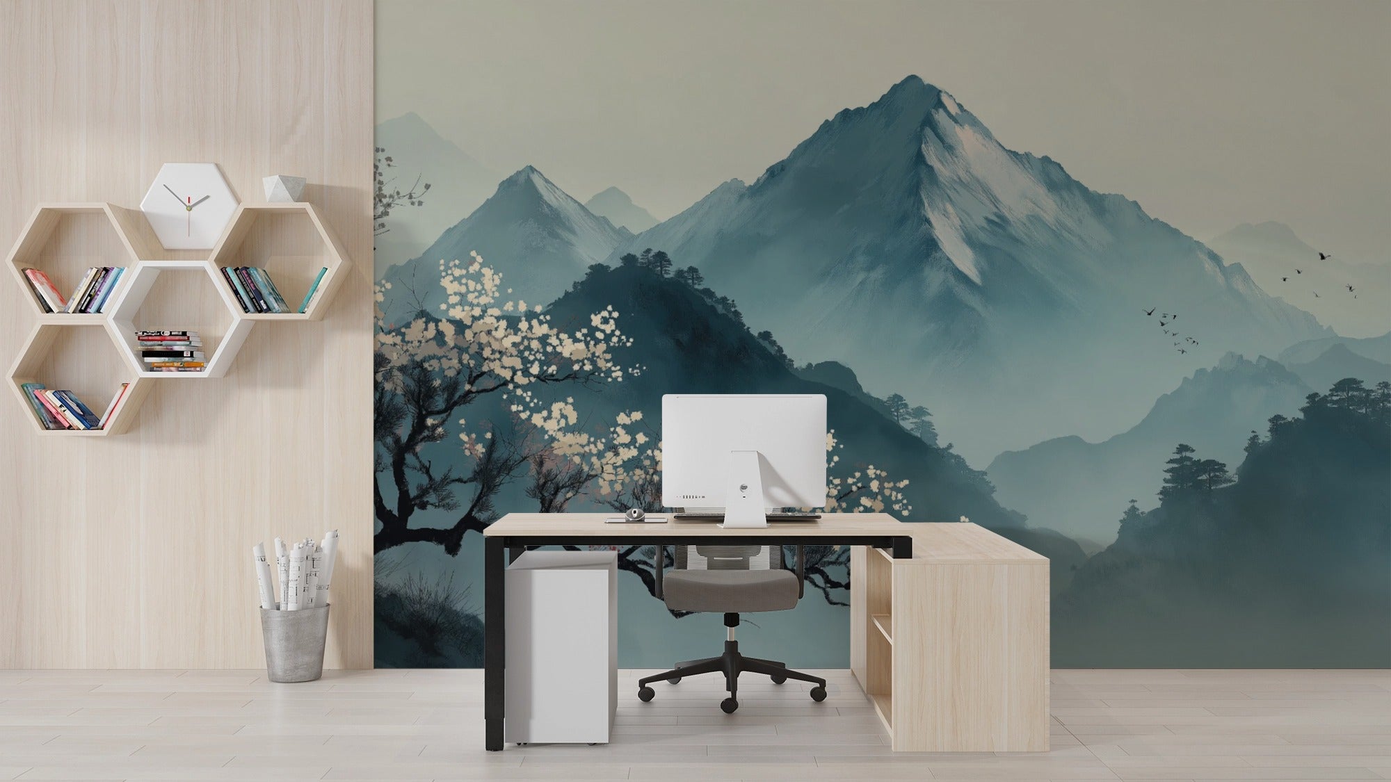 Asian Landscape with Snowy Mountains