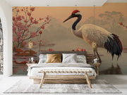 Oriental Crane with Water Lilies Wall Mural - Tranquil Nature Design