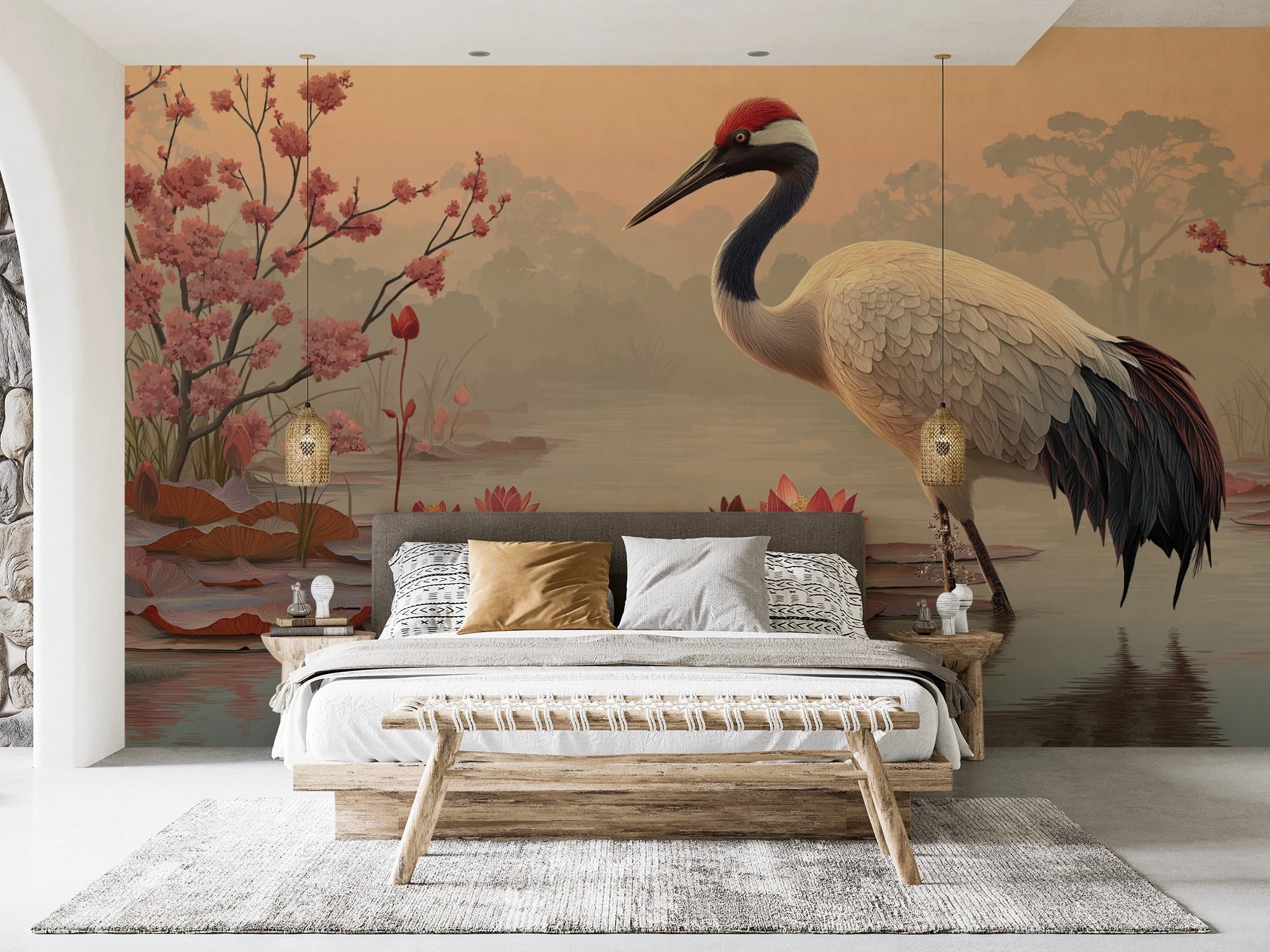 Oriental Crane with Water Lilies Wall Mural - Tranquil Nature Design