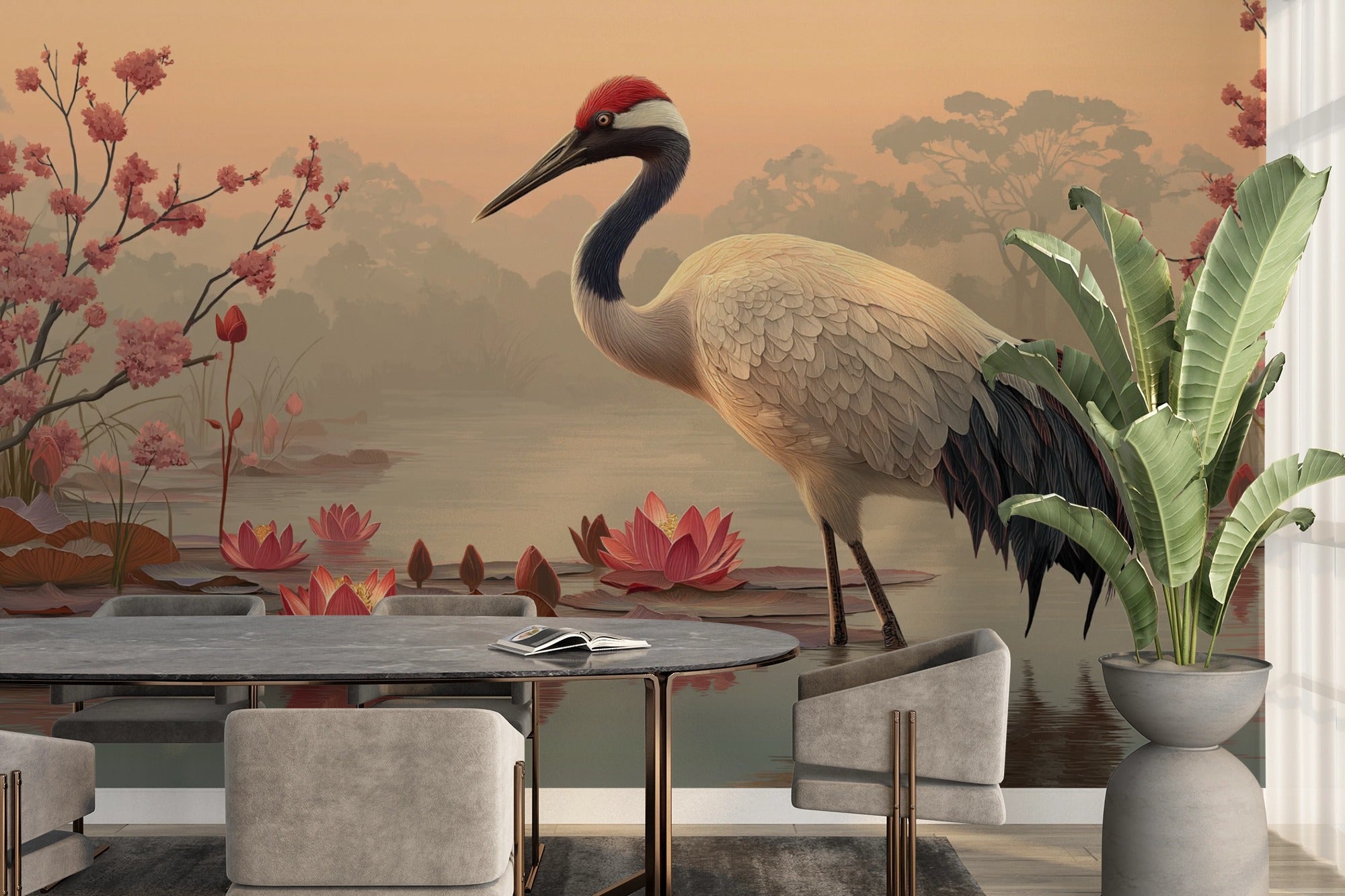 Oriental Crane with Water Lilies Wall Mural - Tranquil Nature Design