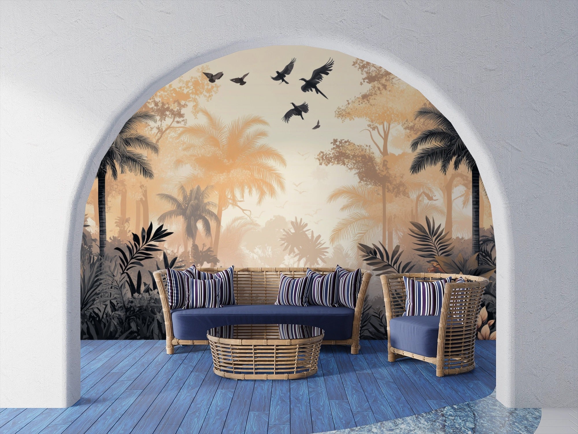 Sepia Vintage Jungle: Illustrated Landscape with Floral Details and Ethereal Nature