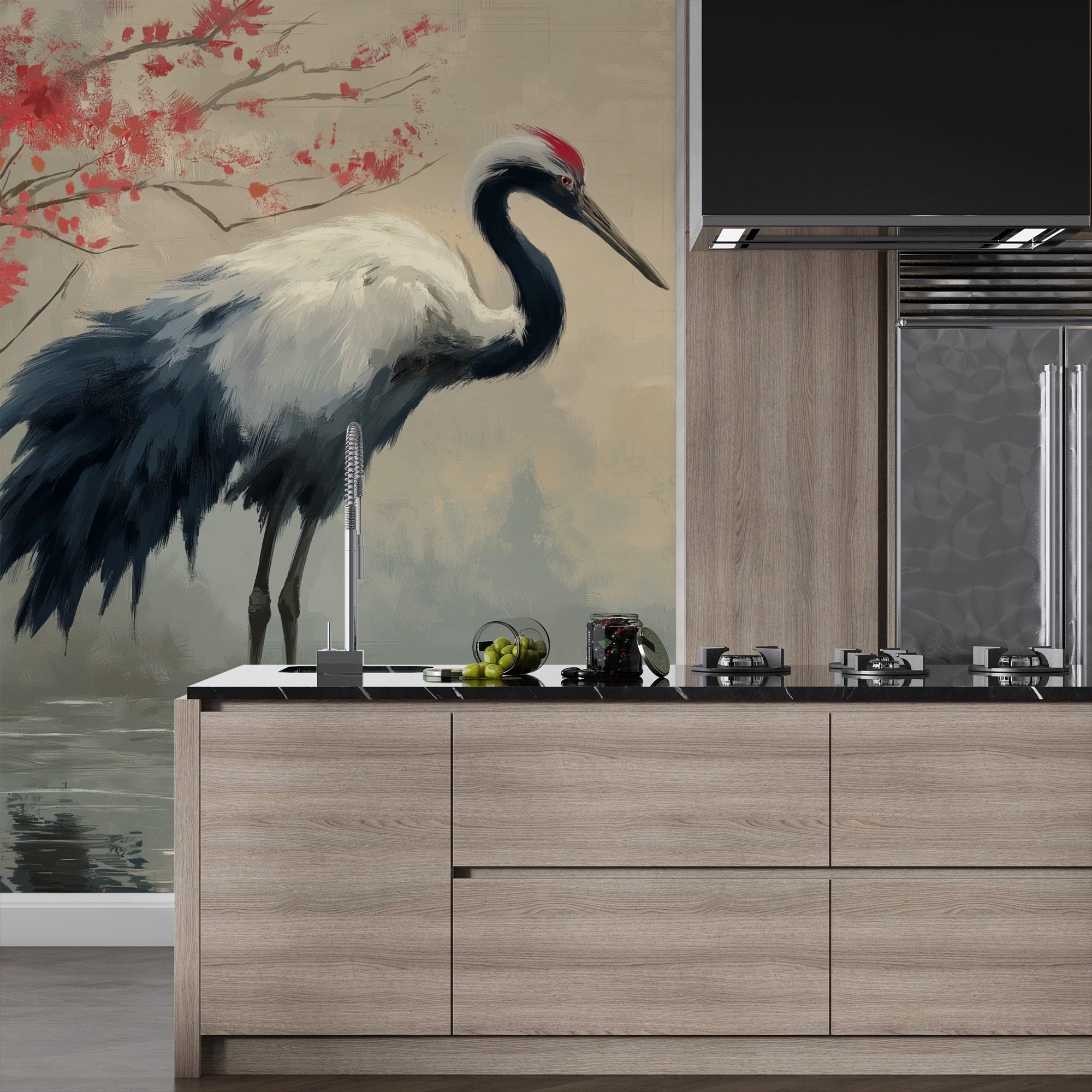 Japanese Crane Peel and Stick Mural with Bamboo and Cherry Blossoms