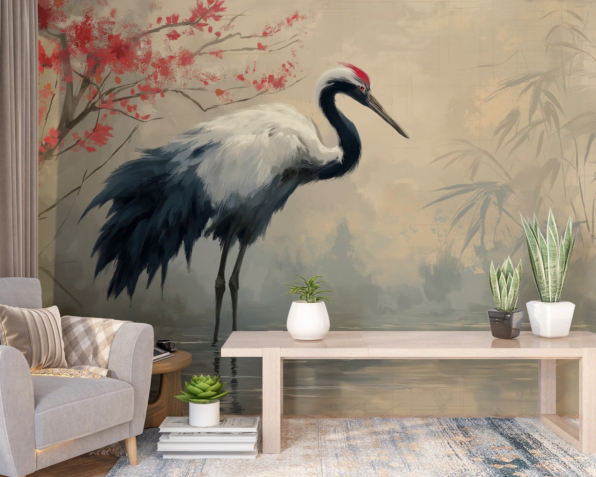 Japanese Crane Peel and Stick Mural with Bamboo and Cherry Blossoms