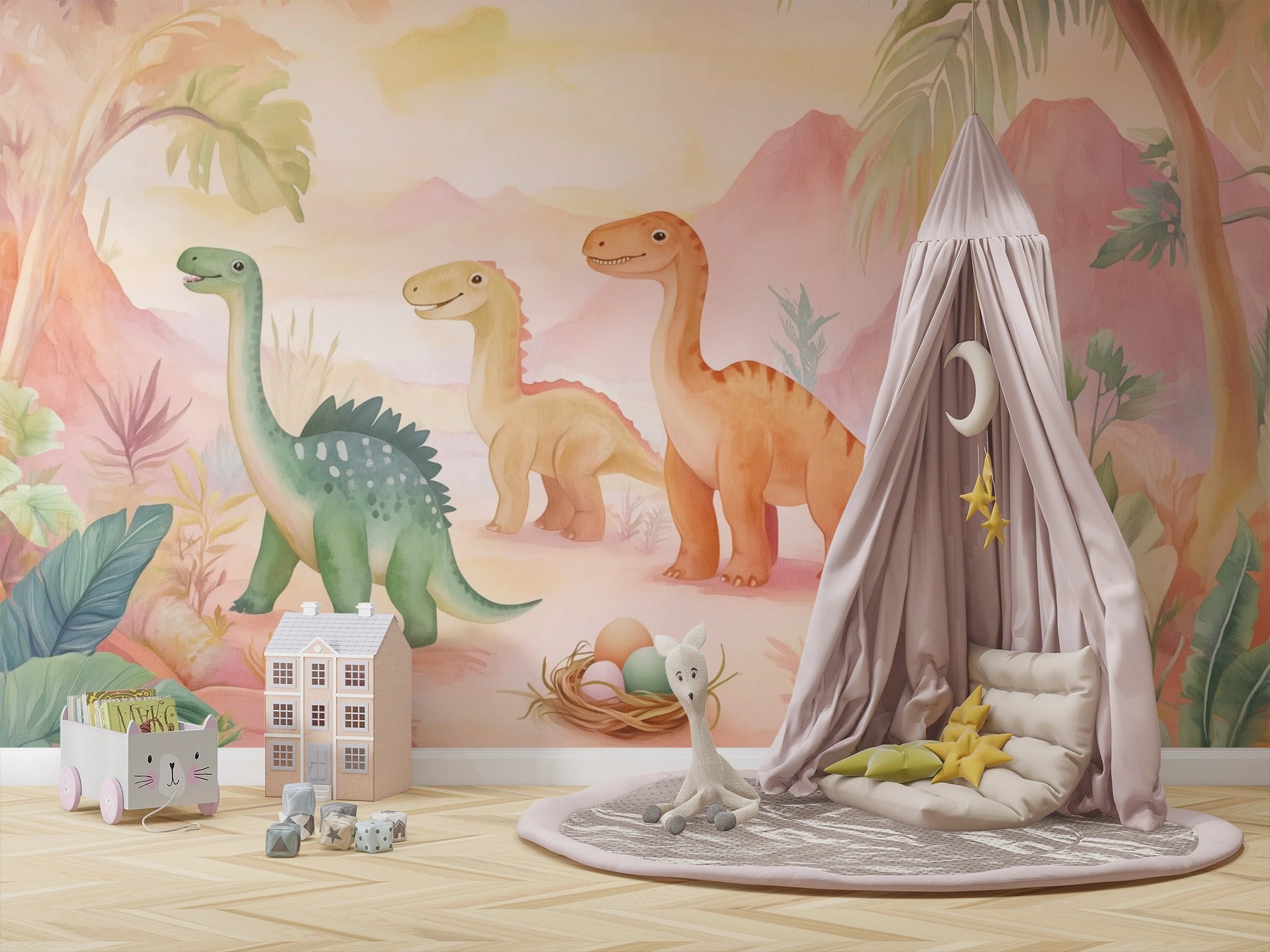 Cute Dinosaurs Illustration with Colorful Eggs and Tropical Scenery