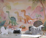 Cute Dinosaurs Illustration with Colorful Eggs and Tropical Scenery