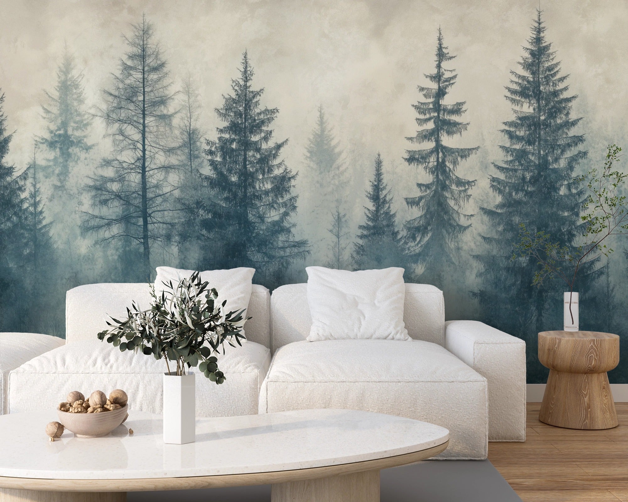 Scandinavian Forest Landscape: Snowy Trees in Fog and Calm