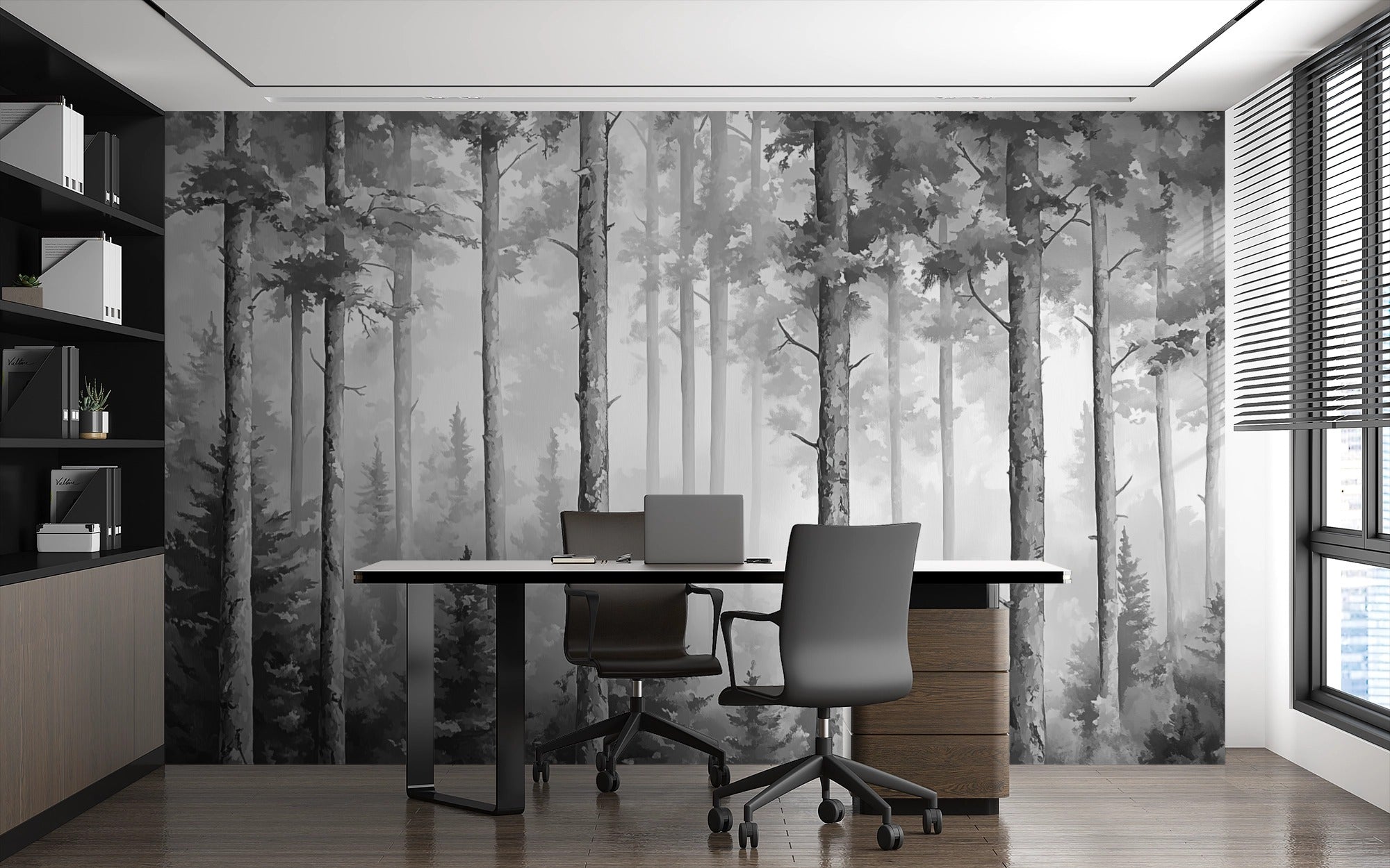 Monochrome Forest Landscape: Quiet Nature Among Tall Trees