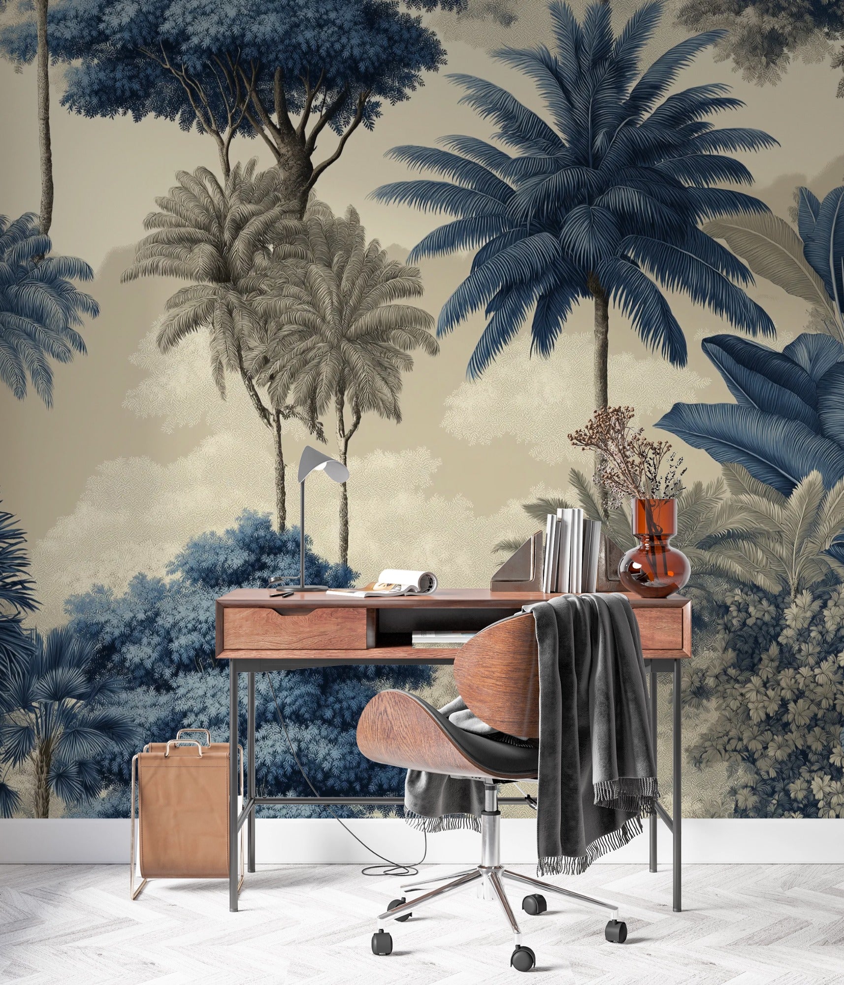 Blue Tropical Palm Mural
