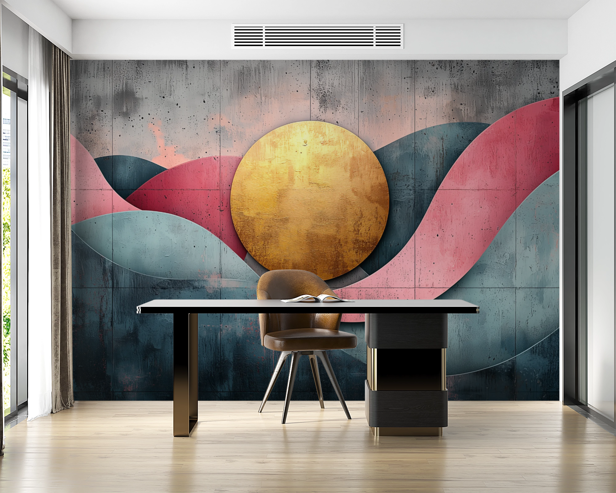 Geometric Sunrise: Abstract Art with Golden Sun and Organic Shapes