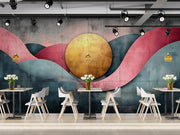 Geometric Sunrise: Abstract Art with Golden Sun and Organic Shapes