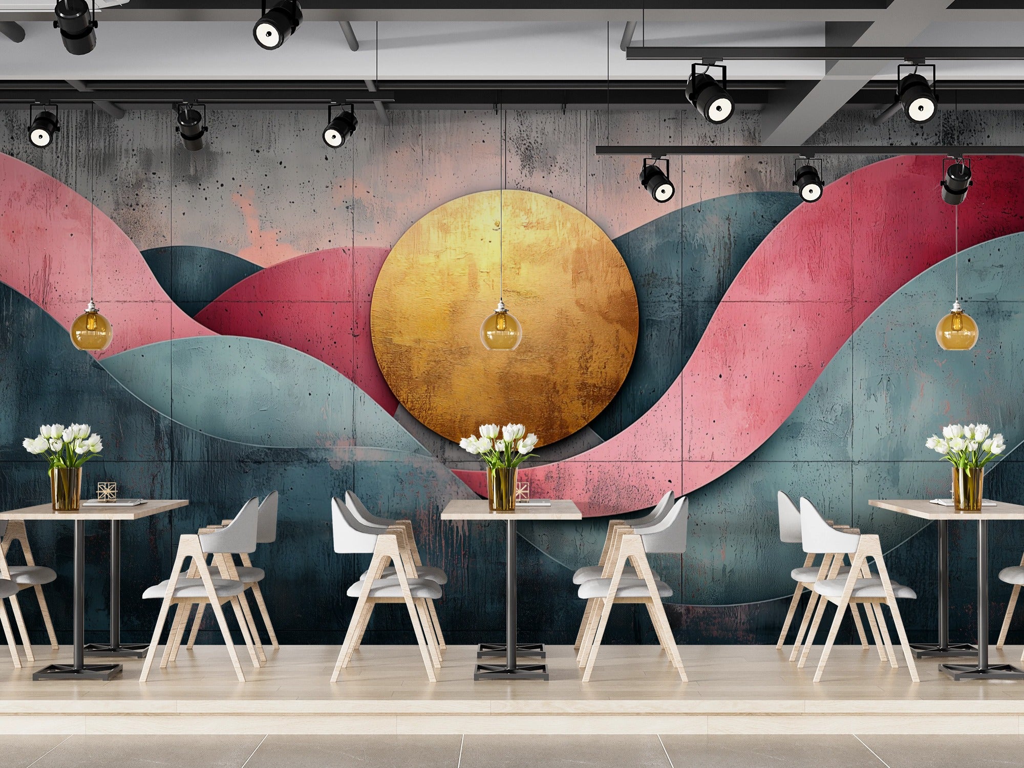 Geometric Sunrise: Abstract Art with Golden Sun and Organic Shapes