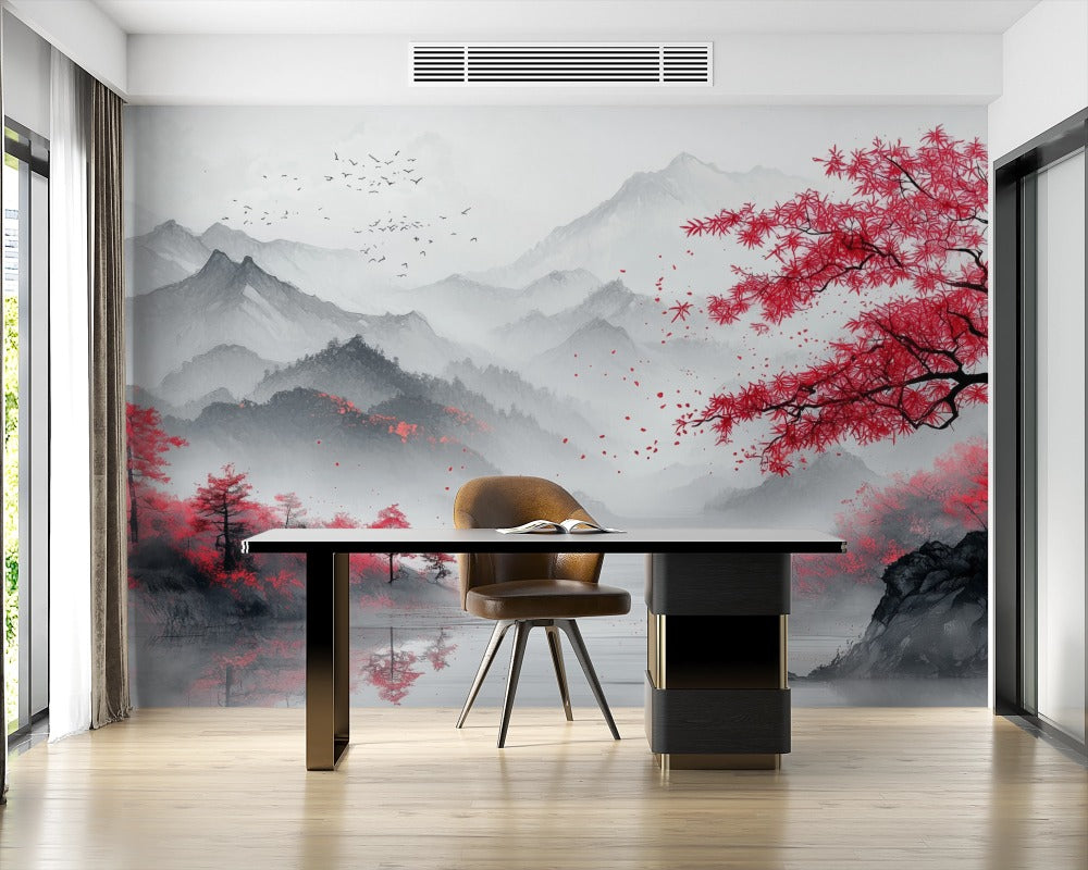 Oriental Minimalism with Cherry Blossom Charm: Misty Mountain Artwork