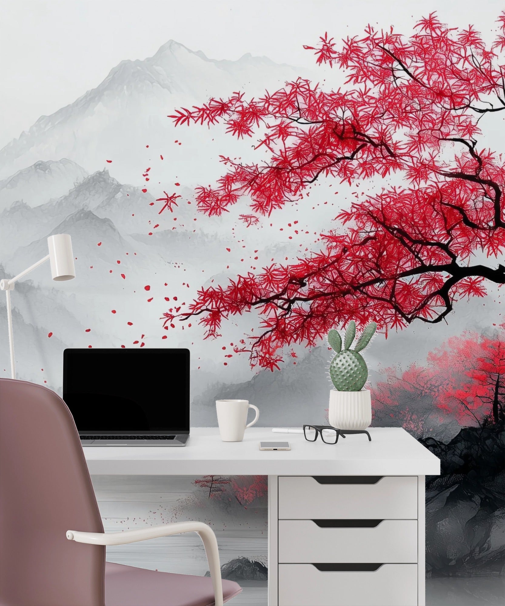 Oriental Minimalism with Cherry Blossom Charm: Misty Mountain Artwork