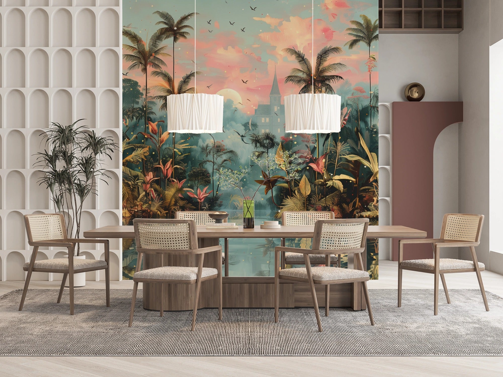 Enchanted Paradise: Fantasy Tropical Landscape with Castle and Palms