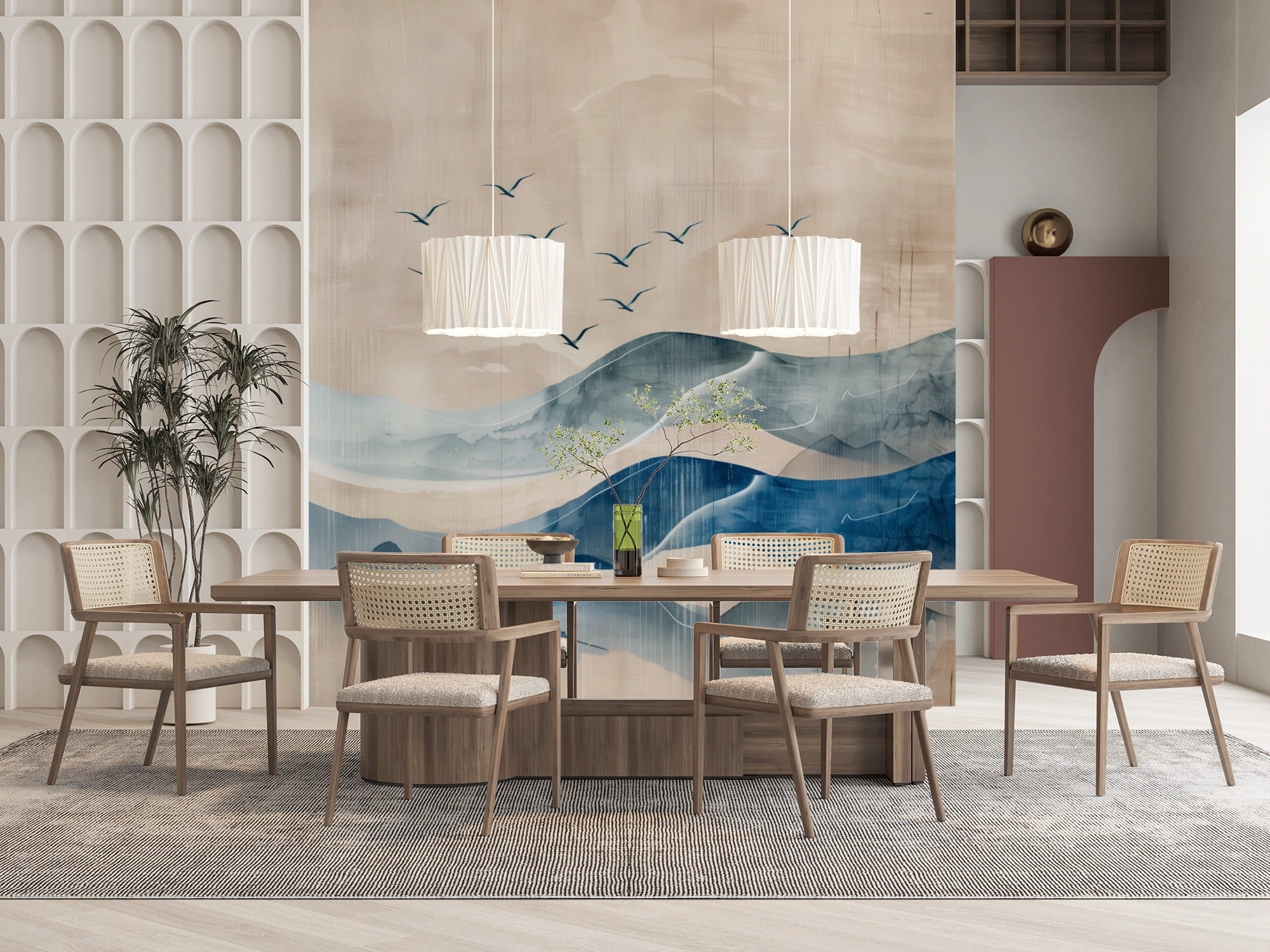 Mountains of Serenity: Abstract Blue Toned Art with Birds in Flight