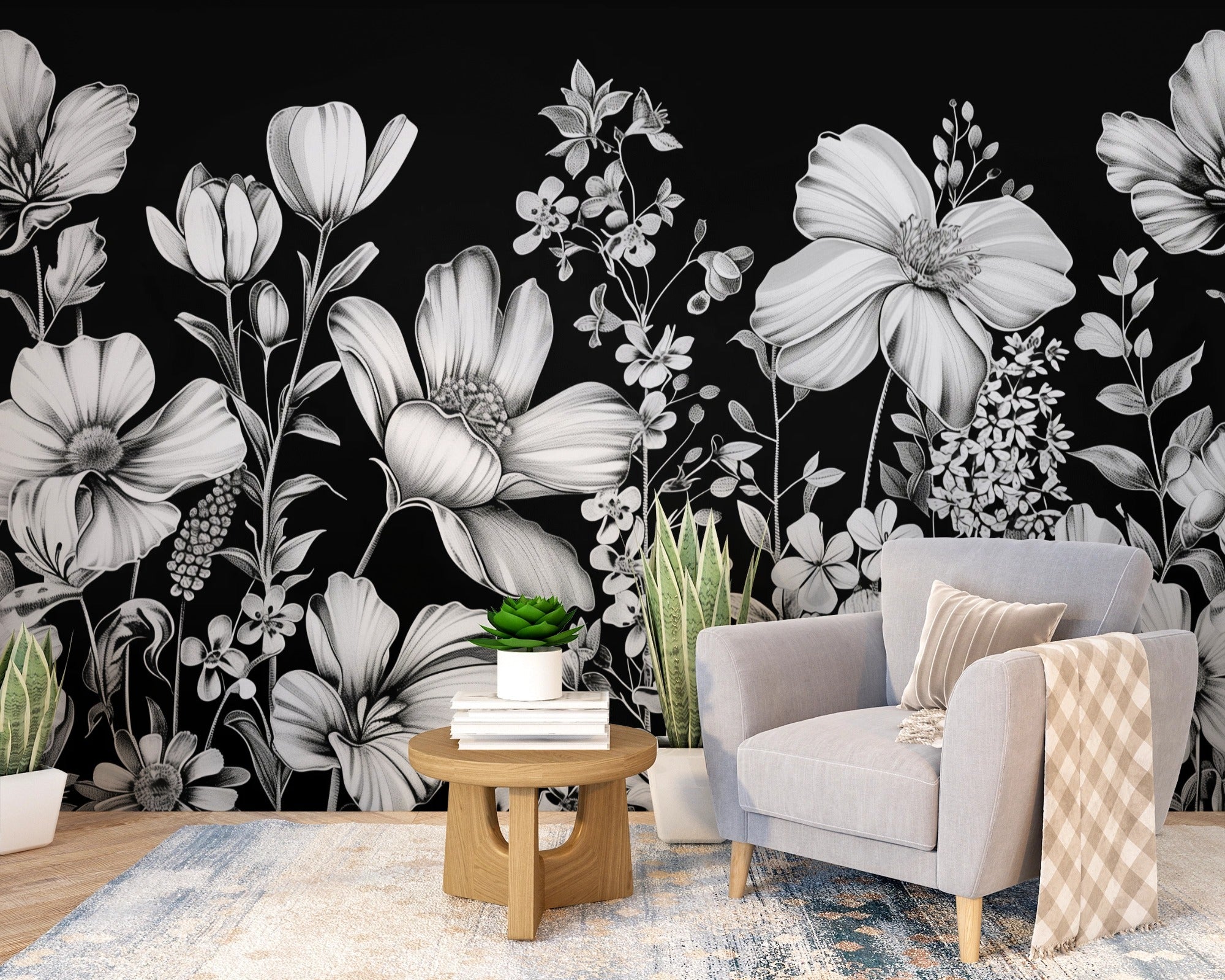 Monochrome Midnight Floral Mural