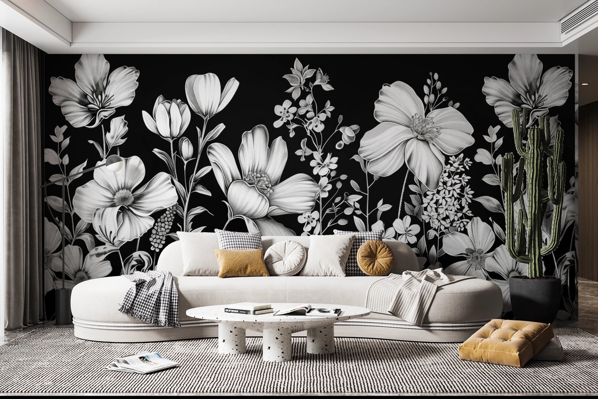 Monochrome Midnight Floral Mural